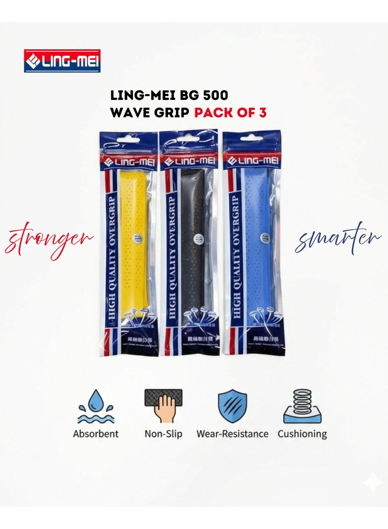 لينغ-مي LING-MEI BG 500 عبوة من 3 قطع شريط قبضة للمضرب بتصميم الموجة المفردة – مانع للانزلاق، مريح ومتين لمضرب تنس الريشة - Image 2